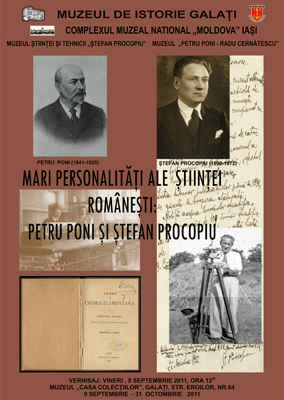 Afisul expozitiei Mari personalitati ale stiintei romanesti Petru Poni si Stefan Procopiu